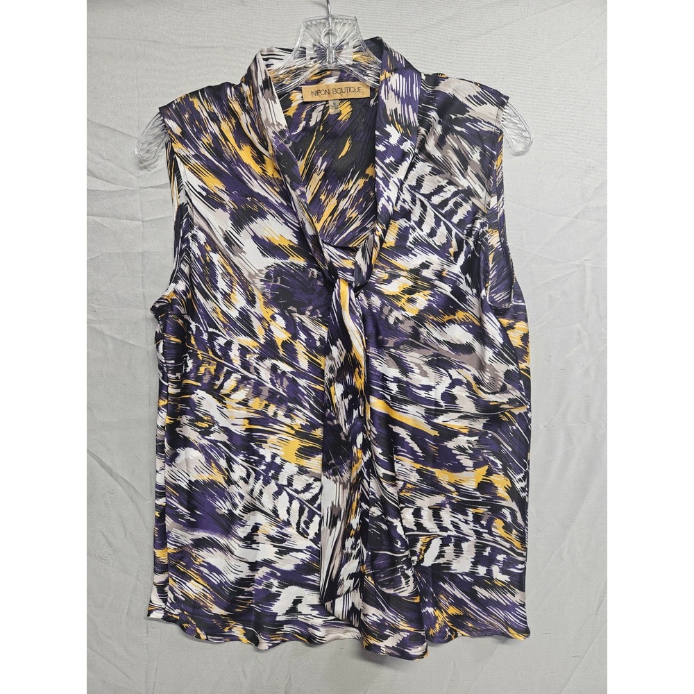 Nipon Boutique Purple Yellow Abstract Tie Neck Sleeveless Blouse Medium WSB